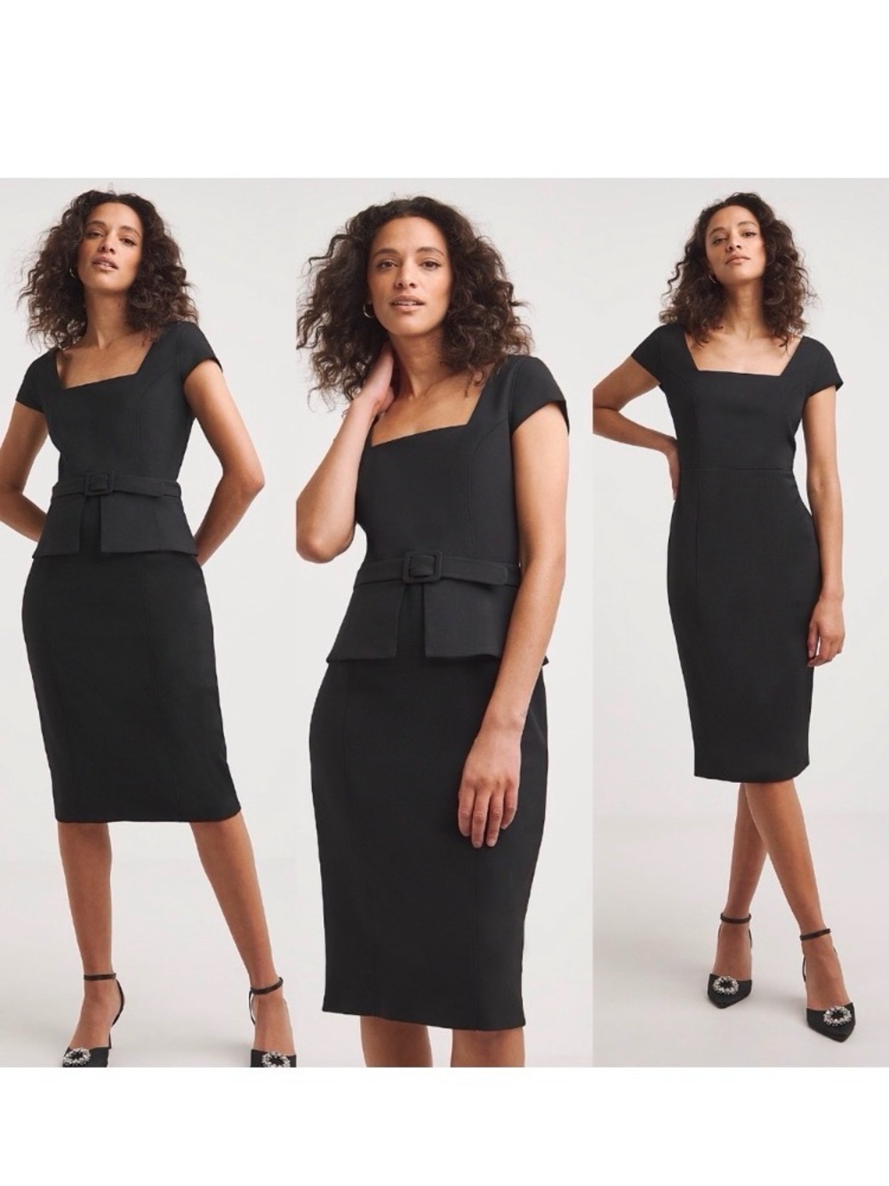 Ted Baker Fleuurr Black Peplum Square Neck Shift Midi Dress Career Size 2 NWOT